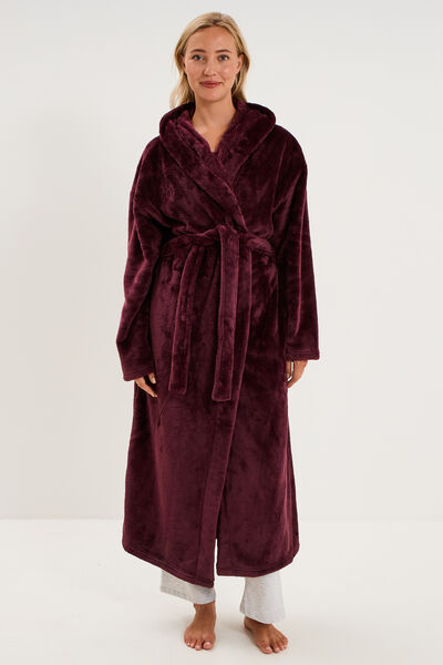Peignoir effet velours &agrave; capuche prune femme