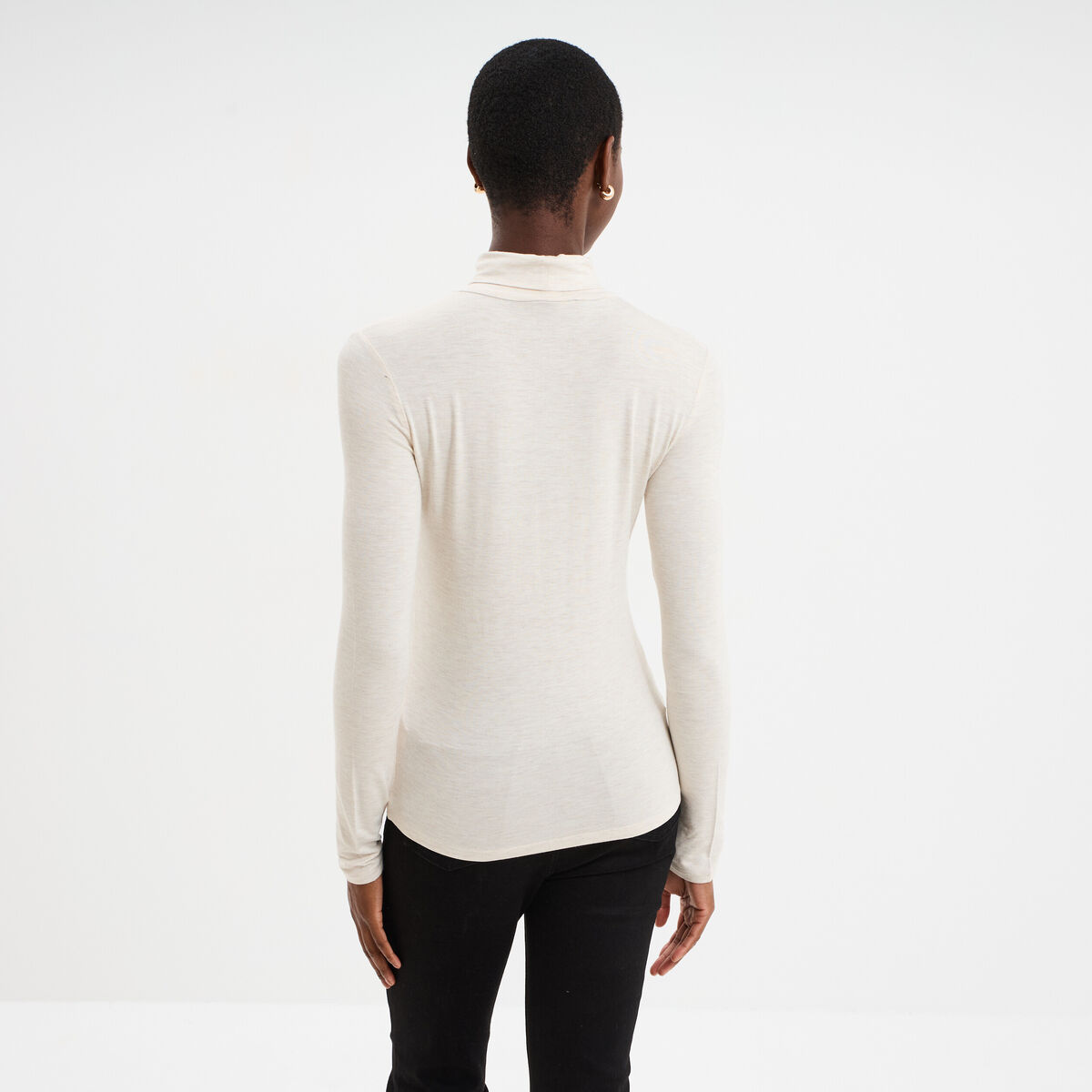 T-shirt manches longues col roul&eacute; beige femme