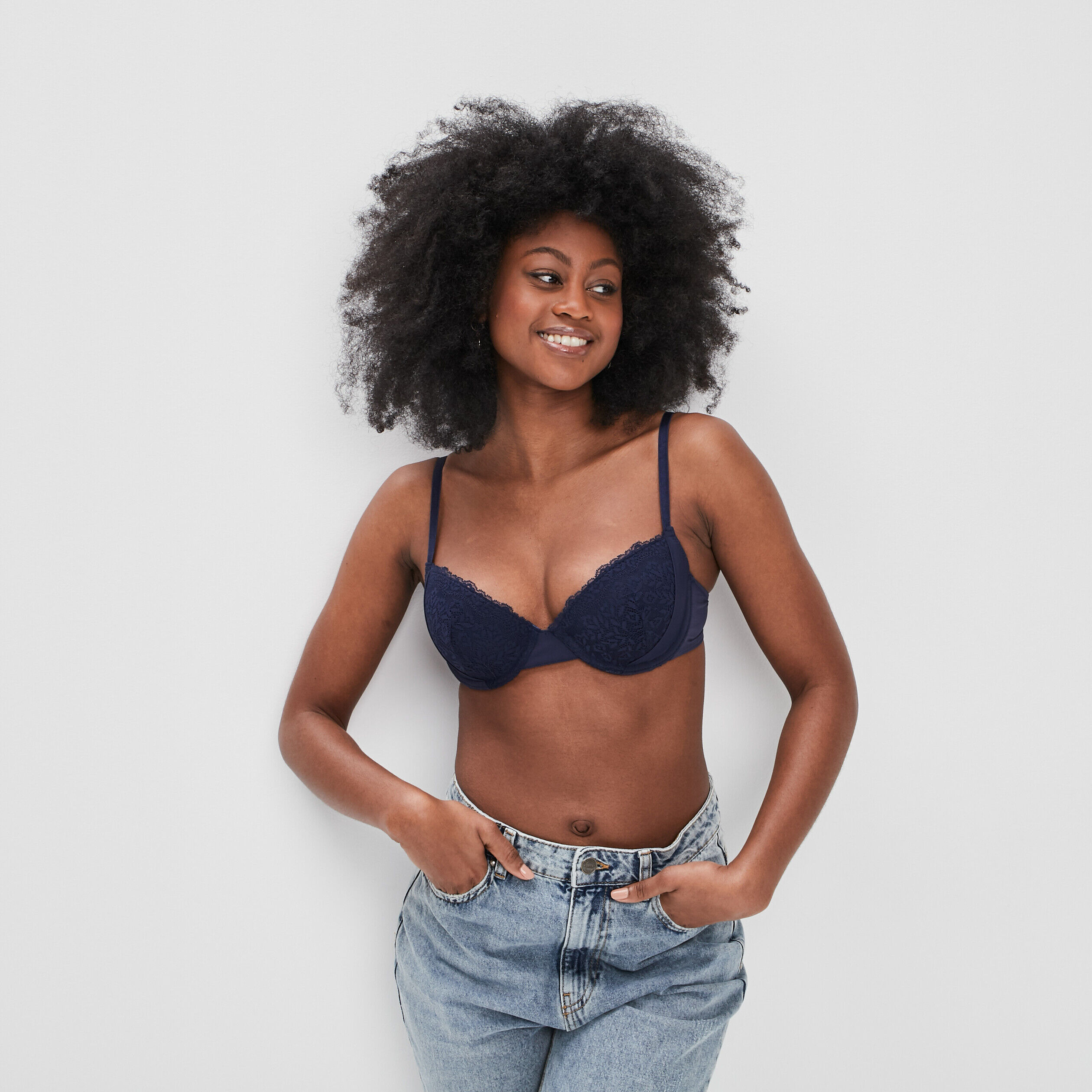 Soutien-gorge push up micro dentelle bleu marine femme LH
