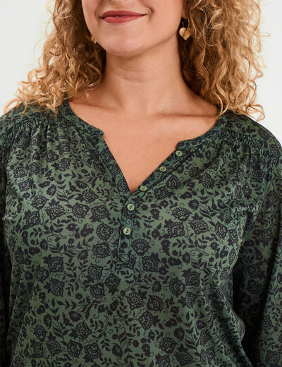 T-shirt col tunisien manches 3/4 vert kaki femme grande taille