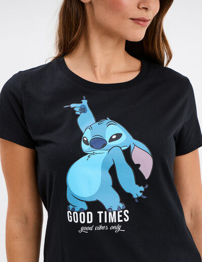 T-shirt manches courtes coton Stitch noir femme