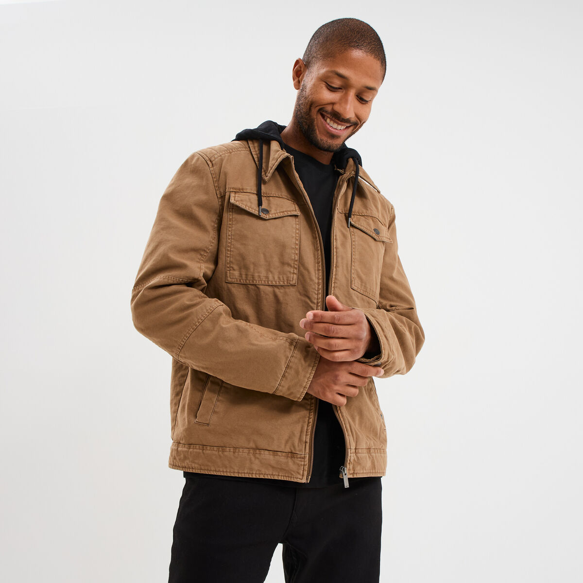 Veste doubl&eacute;e capuche amovible en coton marron clair homme