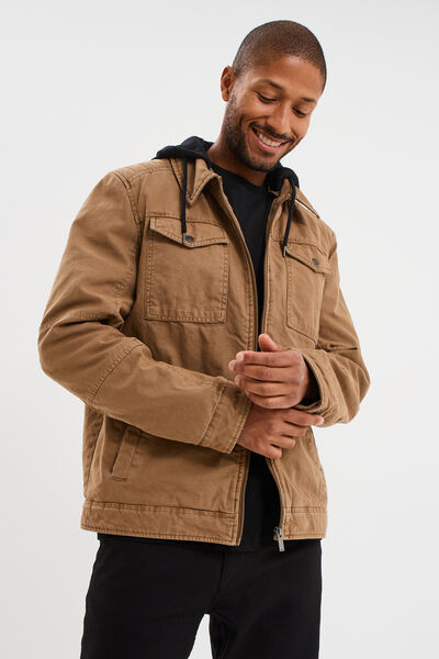 Veste doubl&eacute;e capuche amovible en coton marron clair homme