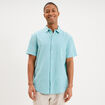 Chemise manches courtes lin m&eacute;lang&eacute; bleu turquoise homme