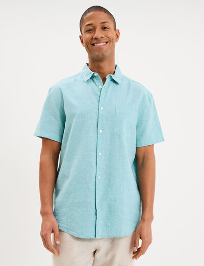 Chemise manches courtes lin m&eacute;lang&eacute; bleu turquoise homme