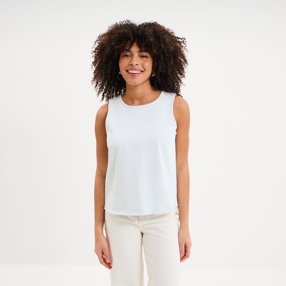 Blouse courte sans manches droite coton blanc femme
