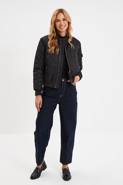 Blouson d&eacute;perlant col teddy noir femme
