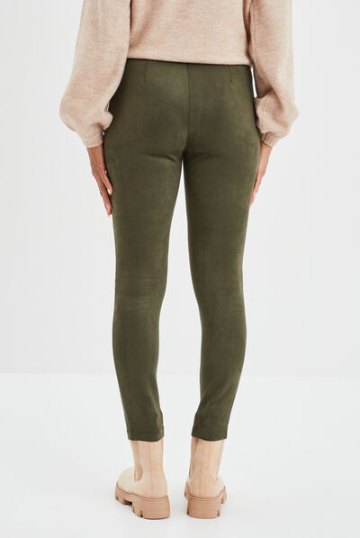Pantalon suédine slim taille élastiquée vert kaki femme