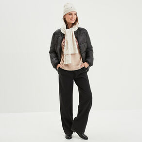 Pull jacquard col rond manches longues beige femme