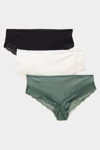 Lot 3 shortys en coton avec dentelle vert femme