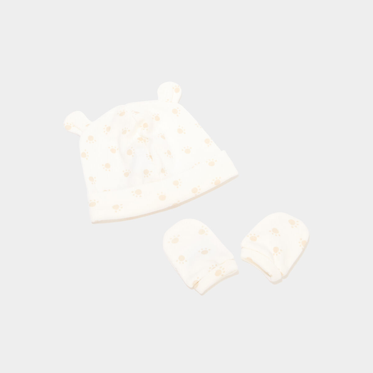 Ensemble bonnet et mouffles coton taupe b&eacute;b&eacute;