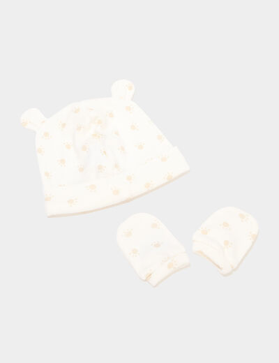 Ensemble bonnet et mouffles coton taupe b&eacute;b&eacute;