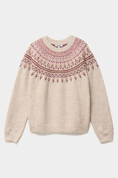Pull jacquard col rond manches longues ecru femme