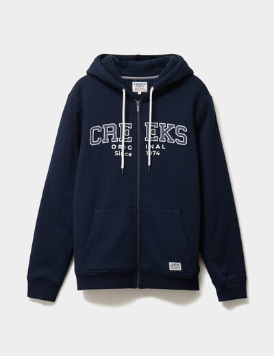 Sweat zippé à capuche doublé bleu marine homme