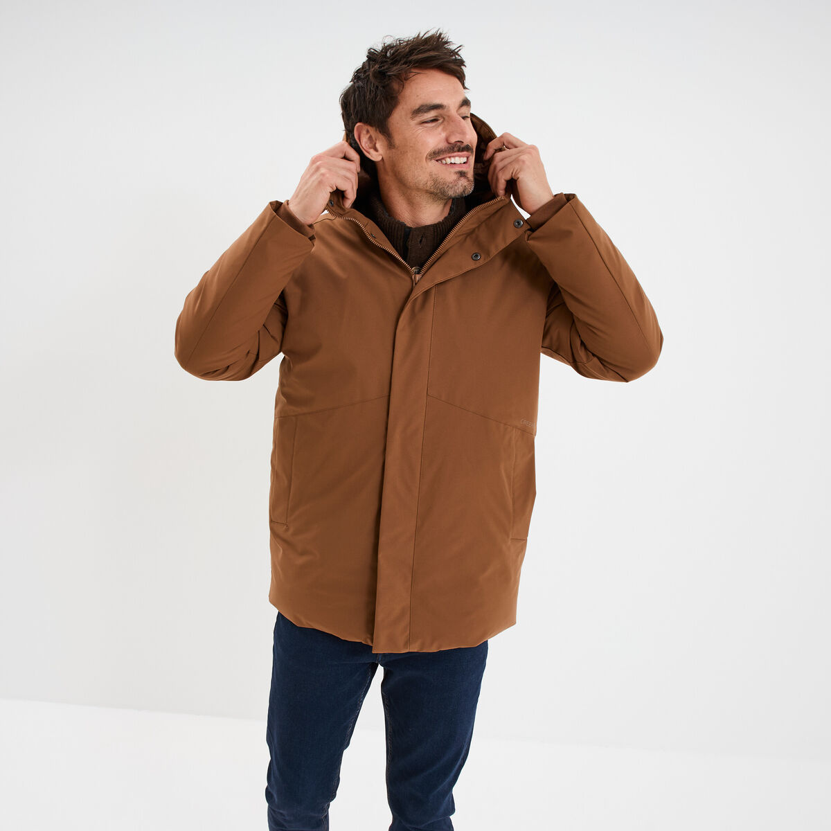 Parka mi-longue &agrave; capuche marron homme