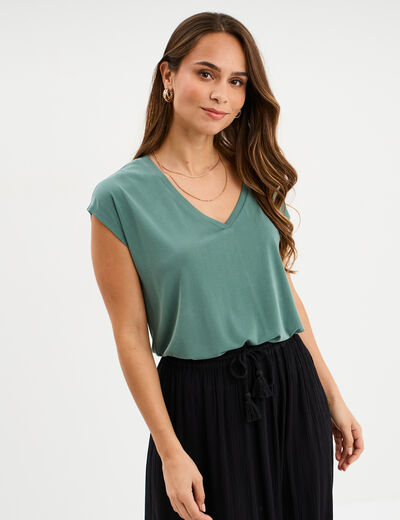 T-shirt col en V manches courtes vert foncé femme