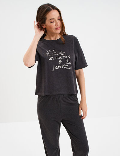Ensemble pyjama pantalon et t-shirt gris foncé femme