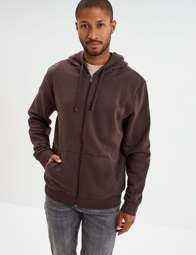 Sweat zippé molleton à capuche marron foncé homme