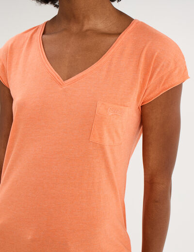 T-shirt col v poche poitrine orange corail femme