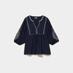 Blouse brod&eacute;e manches 3/4 col tunisien bleu fonc&eacute; femme grande taille