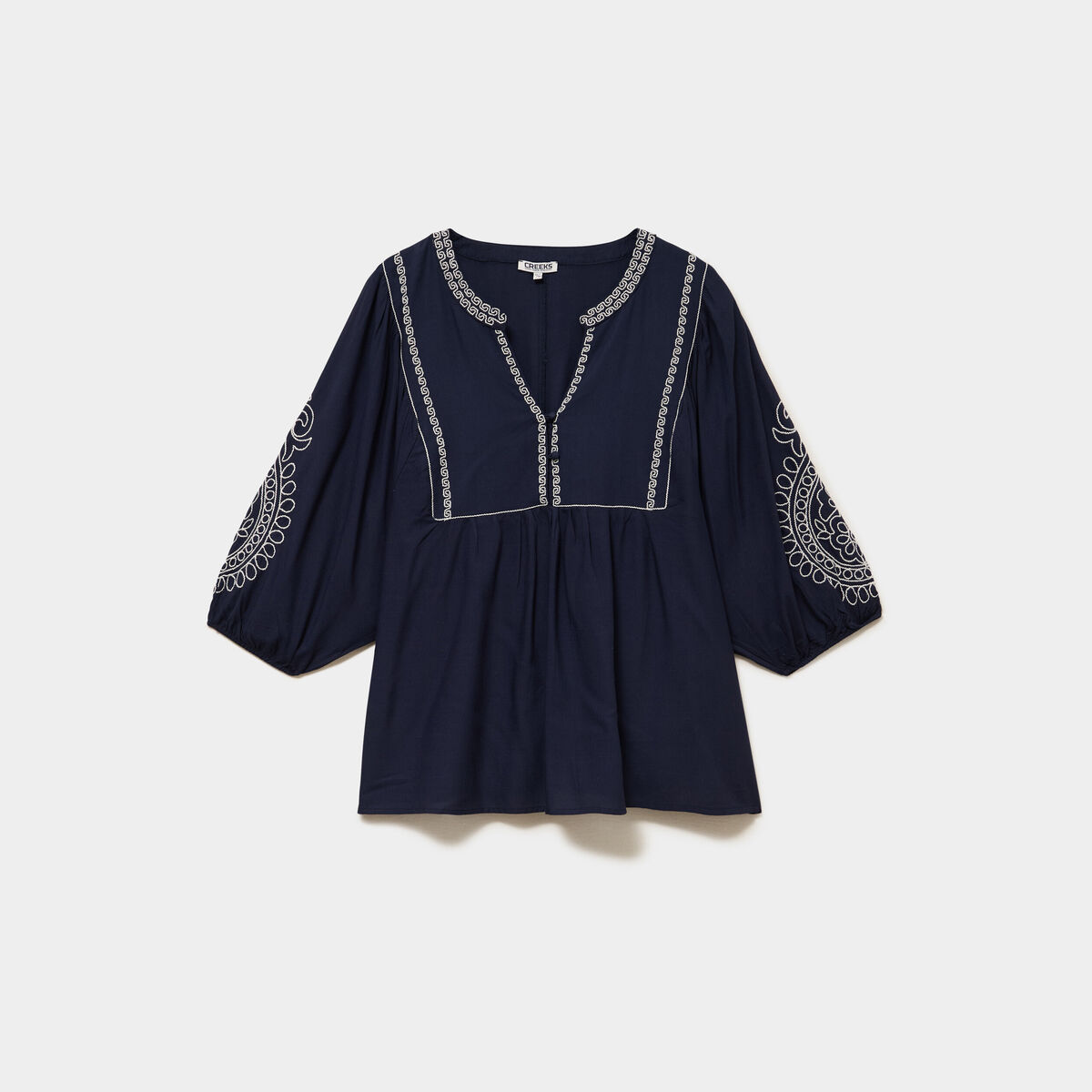 Blouse brod&eacute;e manches 3/4 col tunisien bleu fonc&eacute; femme grande taille