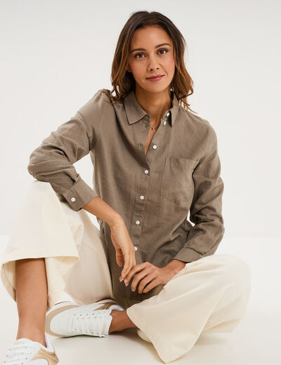 Chemise lin m&eacute;lang&eacute; manches longues vert kaki femme