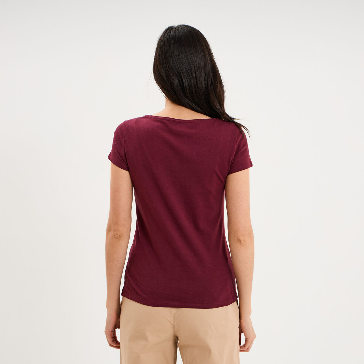T-shirt coton col rond manches courtes bordeaux femme