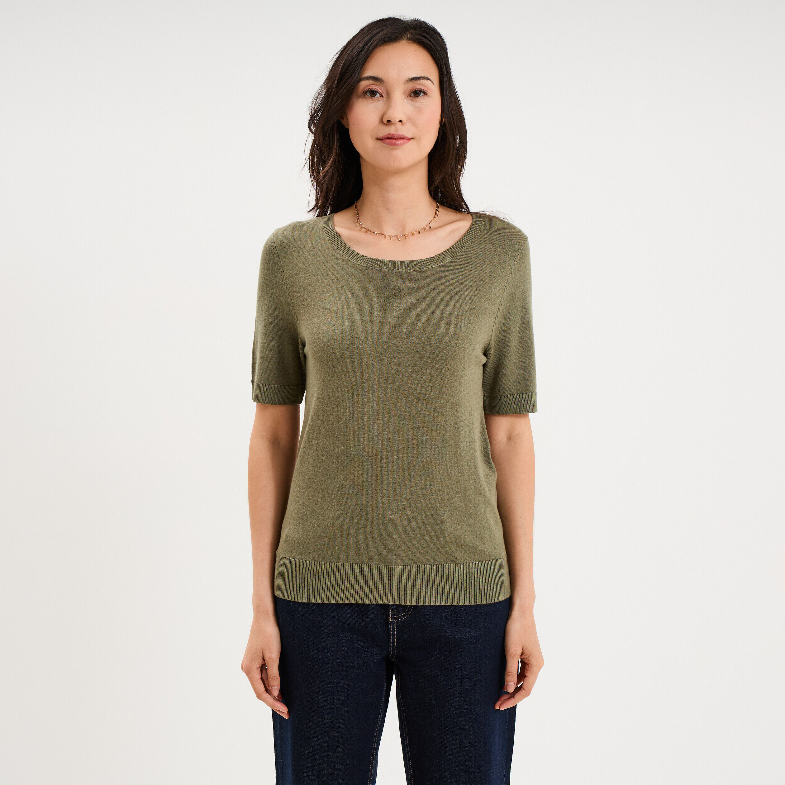 Pull manches courtes col rond vert kaki femme LH