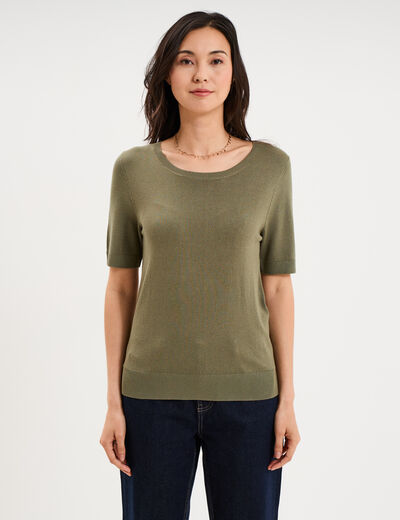 Pull manches courtes col rond vert kaki femme
