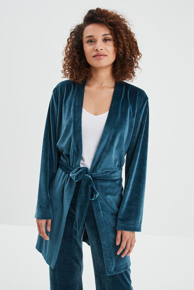 Peignoir velours ceinturé Miniato bleu canard femme