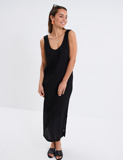 Robe longue en crochet bretelles larges noir femme