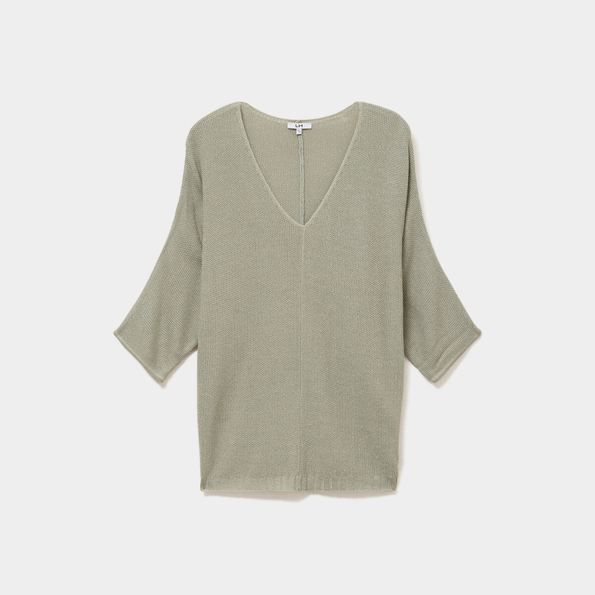 Pull manches 3/4 col en V vert kaki femme grande taille