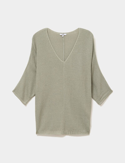 Pull manches 3/4 col en V vert kaki femme grande taille