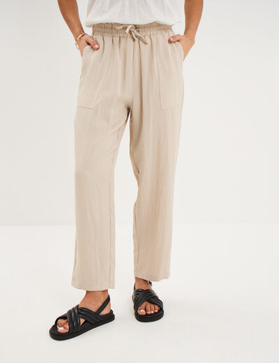 Pantalon fluide carotte &eacute;lastiqu&eacute;e beige femme