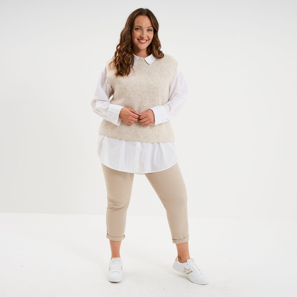Pantalon chino taille haute coton beige femme grande taille