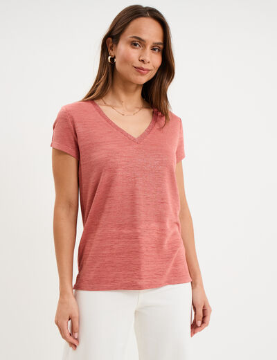 T-shirt col en V manches courtes terracotta femme