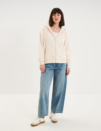 Sweat zipp&eacute; &agrave; capuche beige femme