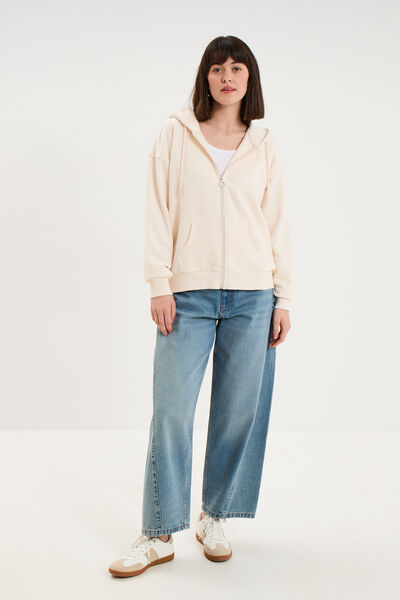 Sweat zipp&eacute; &agrave; capuche beige femme