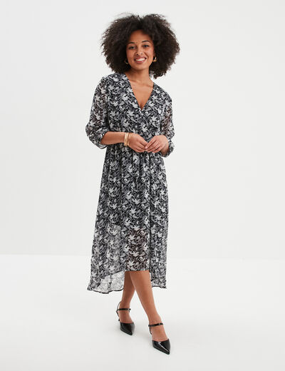 Robe midi col cache-coeur fluide noir femme