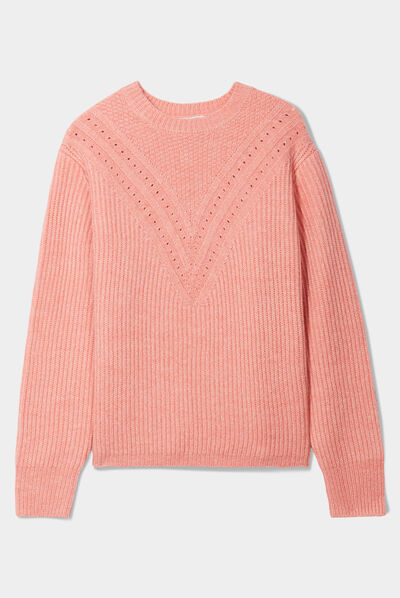 Pull col rond manches longues rose saumon femme