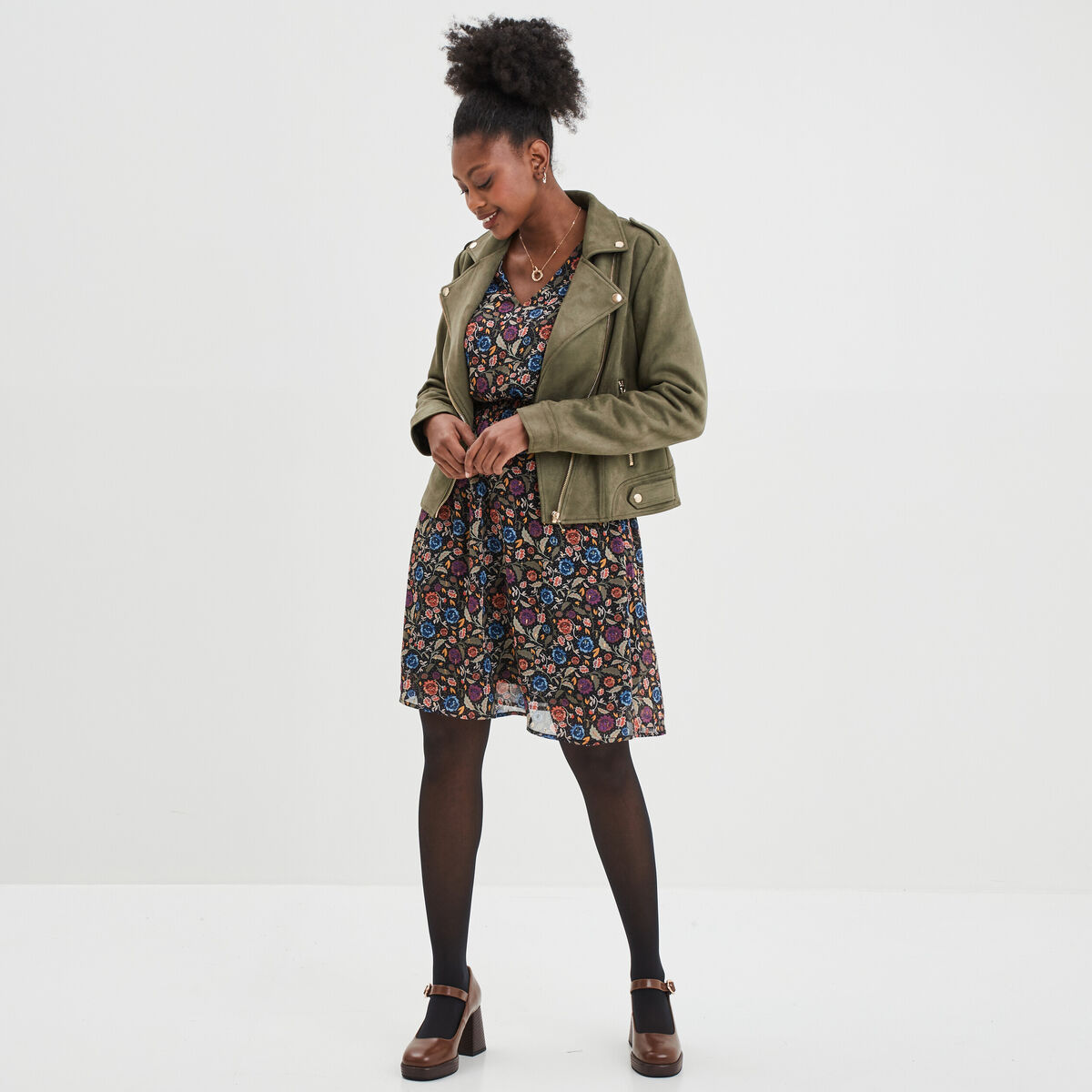 Veste courte esprit biker effet suédine vert kaki femme