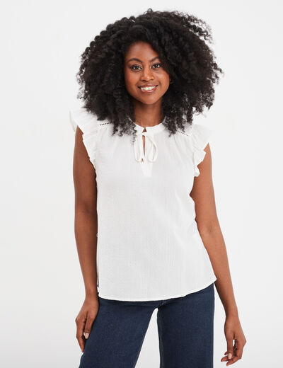 Blouse manches courtes à volants coton blanc femme
