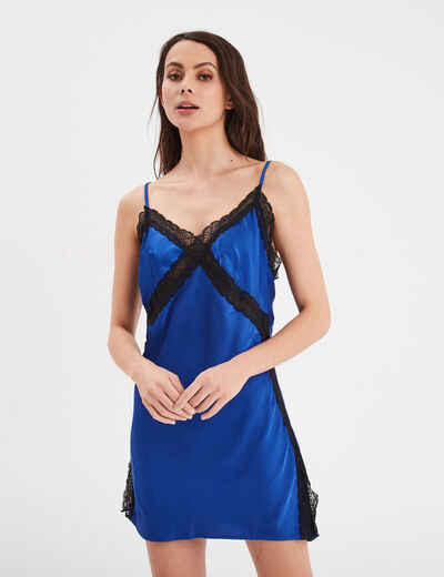 Nuisette effet satin col V avec dentelle bleu electrique femme