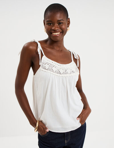 Caraco d&eacute;tails effet crochet coton blanc femme