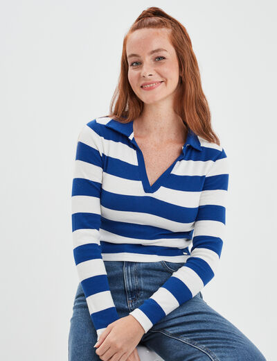 T-shirt court col polo côtelé Creeks bleu femme