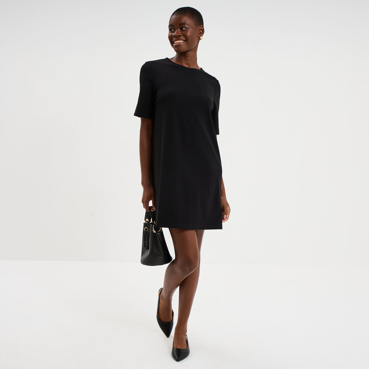 Robe droite cr&ecirc;pe manches courtes noir femme