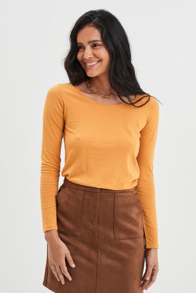 T-shirt coton manches longues jaune moutarde femme