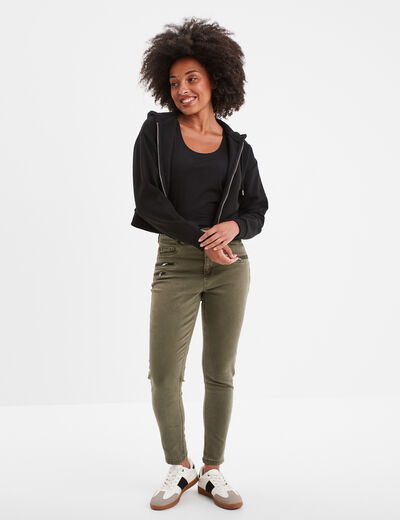 Sweat zippé à capuche court noir femme