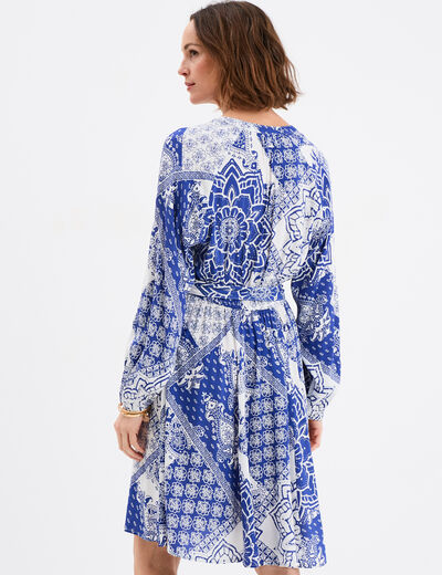 Robe fluide manches longues ceintur&eacute;e bleu femme