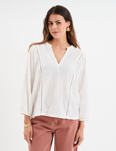 Blouse ajour&eacute;e manches 3/4 col en V blanc femme